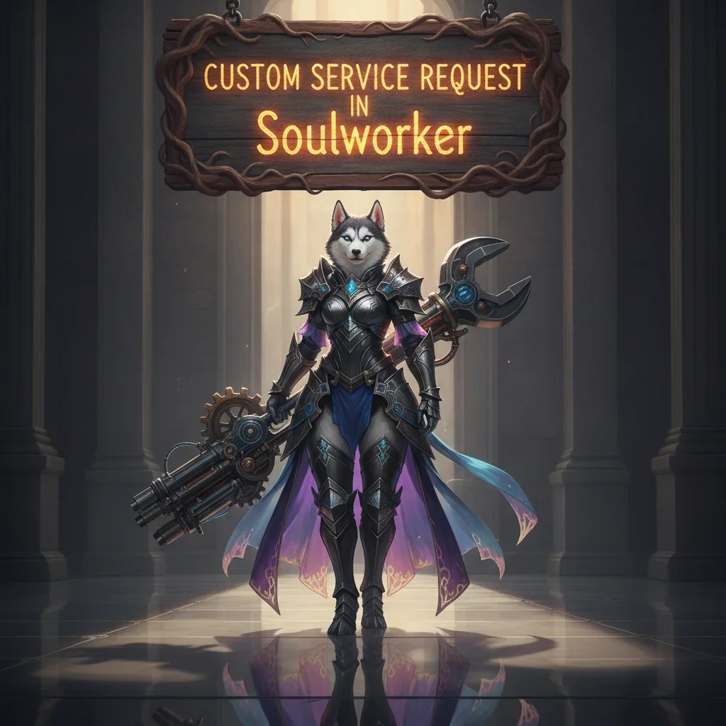 Fantasy game-inspired artwork featuring an anthropomorphic husky character in an elaborate outfit, set in a mystical environment.