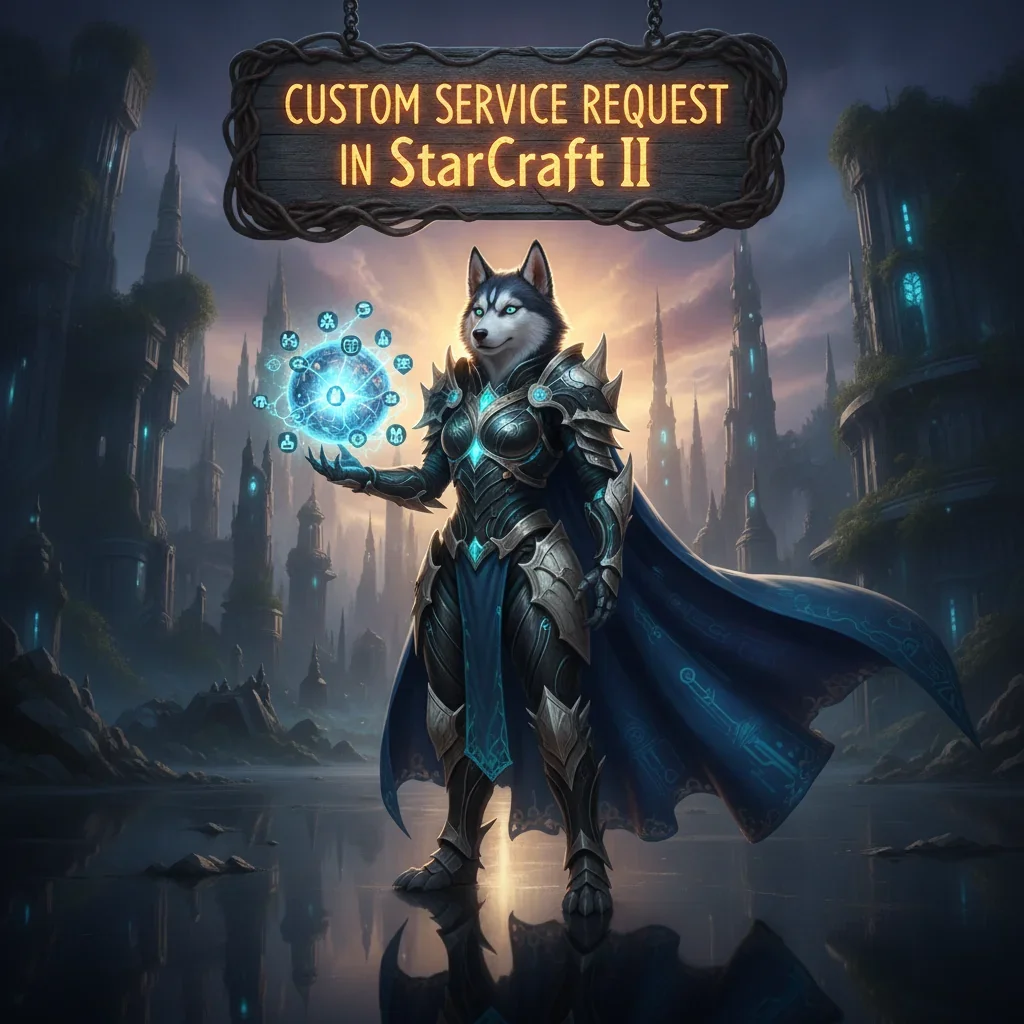 Fantasy artwork of an anthropomorphic husky character in a sci-fi fantasy environment, representing StarCraft II custom service content.