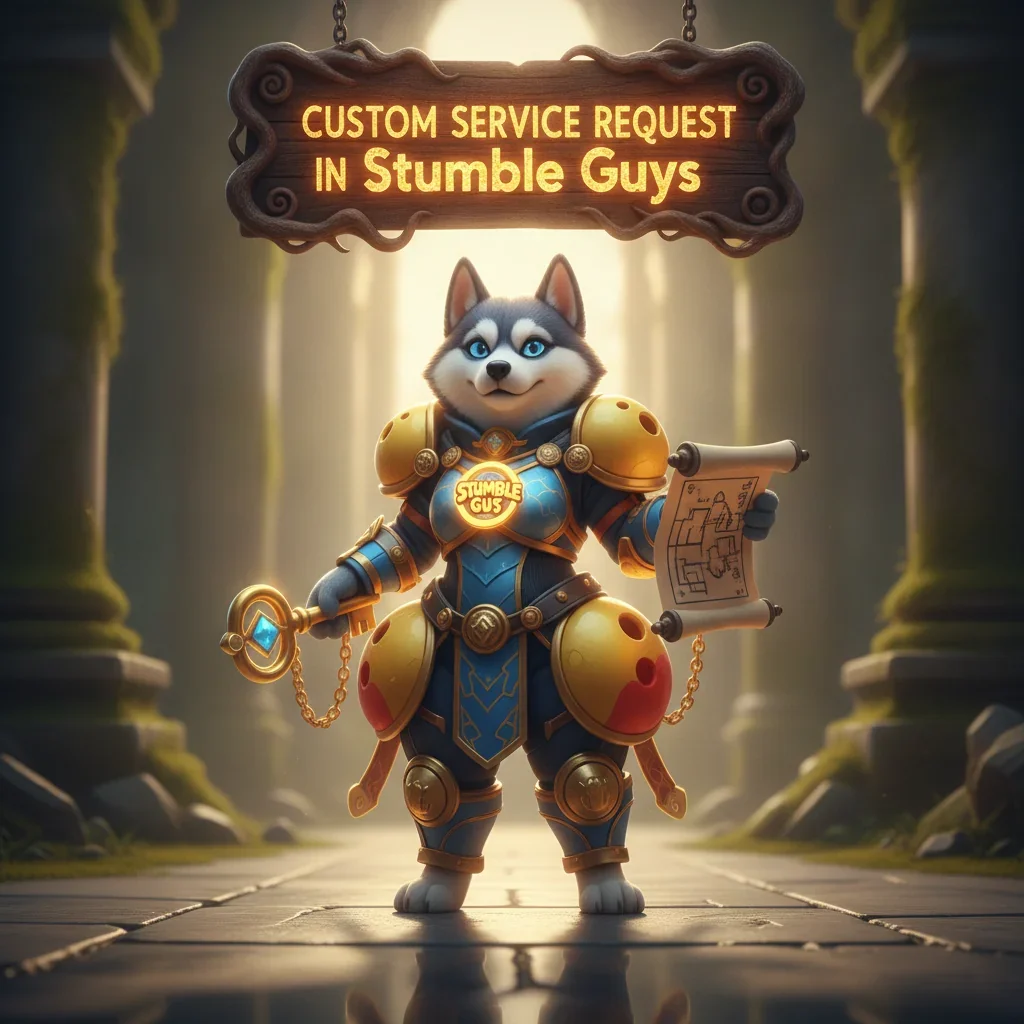 Fantasy artwork featuring an anthropomorphic Husky in a whimsical game environment, themed around custom service requests in Stumble Guys.