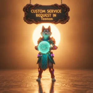 Fantasy artwork featuring an anthropomorphic Husky character, themed around custom service requests in Temtem.