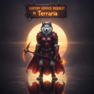 Anthropomorphic Husky character in fantasy attire, in an artwork themed around custom service requests for Terraria content.