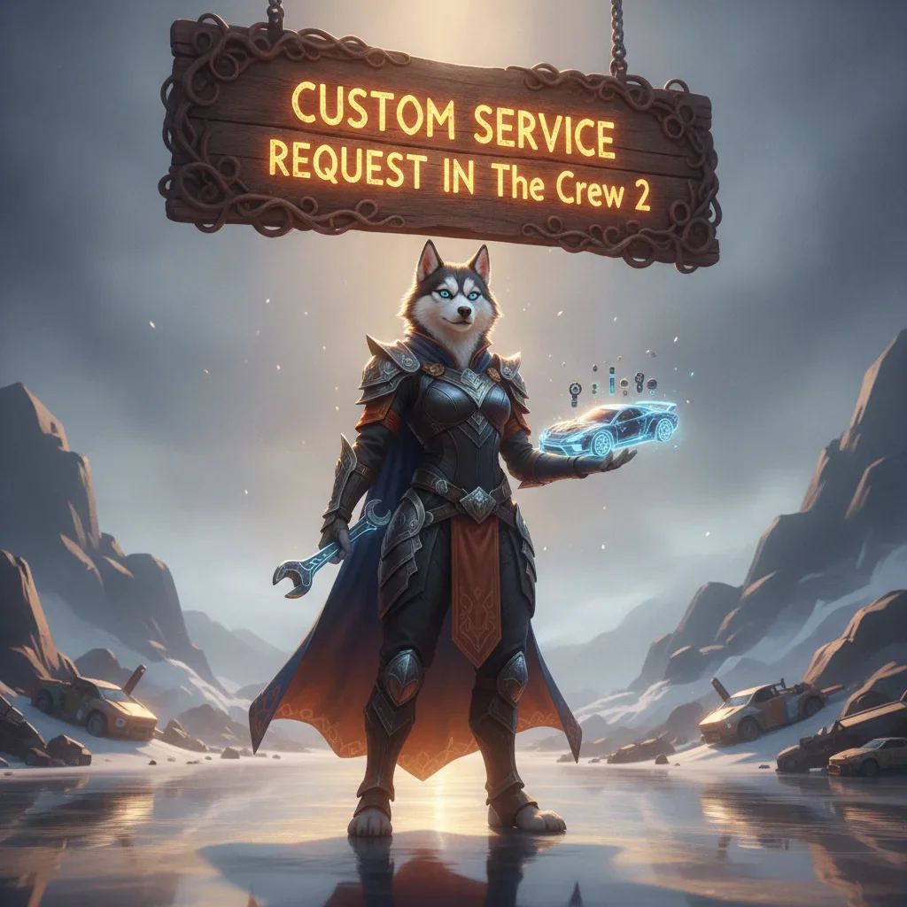 Fantasy artwork featuring an anthropomorphic Husky in an outfit, themed around custom service requests in a racing game.