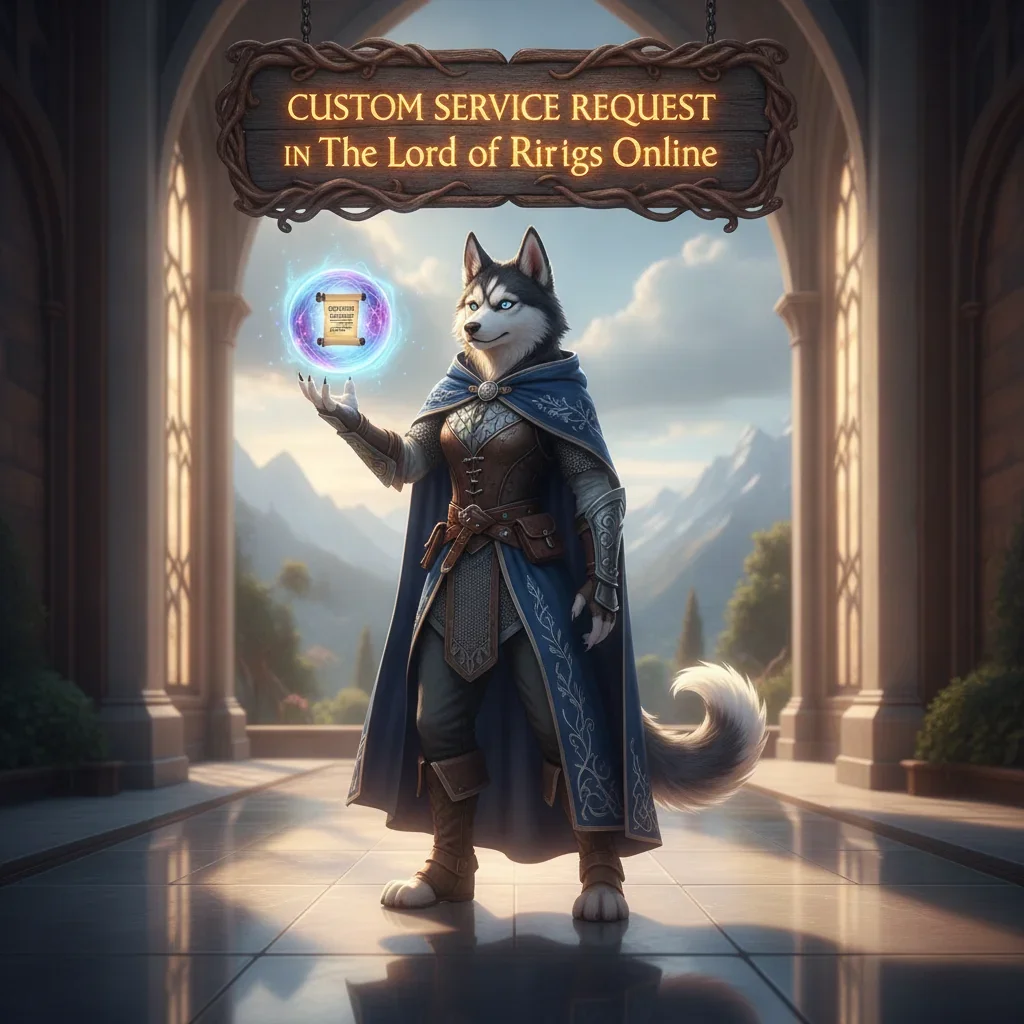 Anthropomorphic Husky character in fantasy armor, set in an enchanted forest, representing a custom service for Lord of the Rings Online.