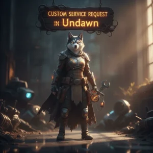 A fantasy game-inspired artwork featuring an anthropomorphic husky character in a themed outfit, representing a custom service request.