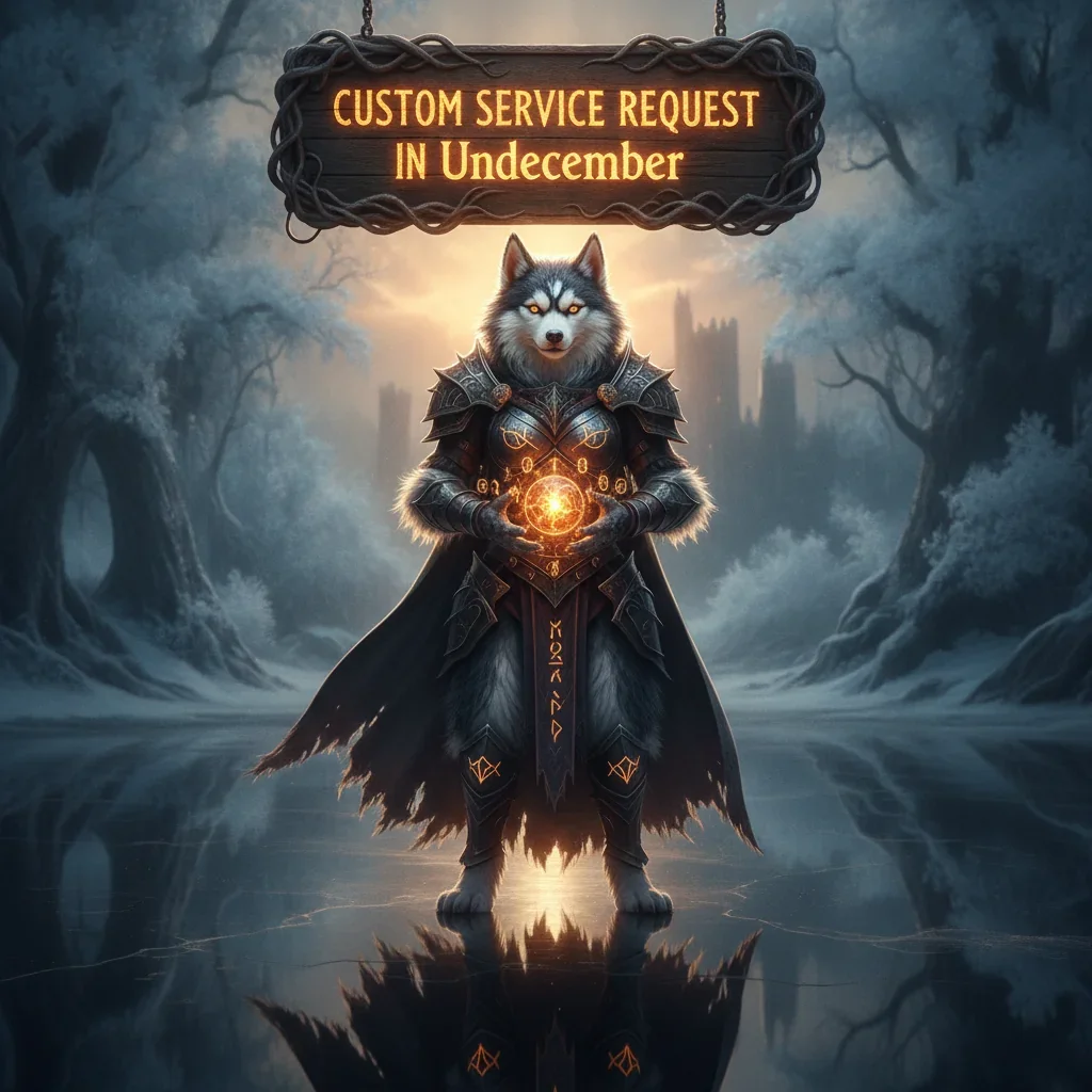 Artwork featuring an anthropomorphic husky character in fantasy attire, themed around custom service requests in Undecember.