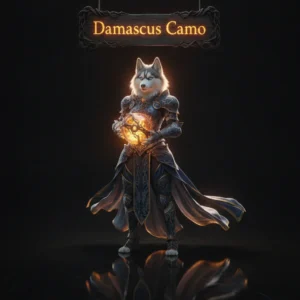 Fantasy artwork featuring an anthropomorphic Husky character, themed around Damascus Camo progression in CoD Mobile content.