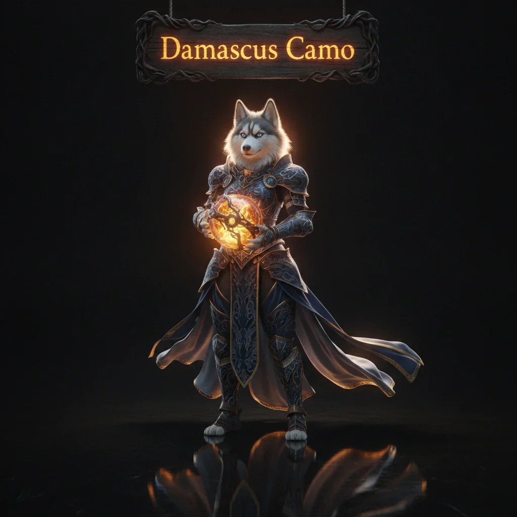Fantasy artwork featuring an anthropomorphic Husky character, themed around Damascus Camo progression in CoD Mobile content.