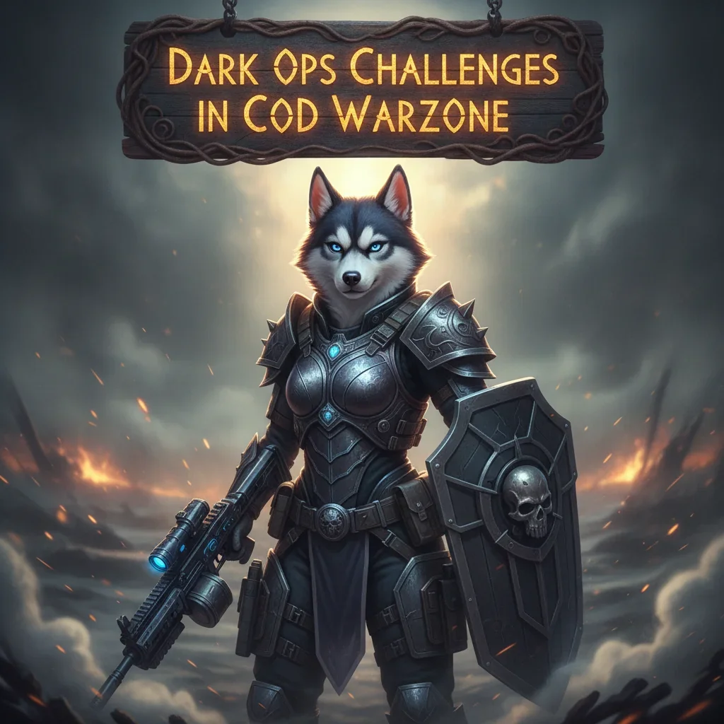 Fantasy artwork featuring an anthropomorphic husky character in detailed armor within a dark, mysterious environment, representing elite Dark Ops challenge content.