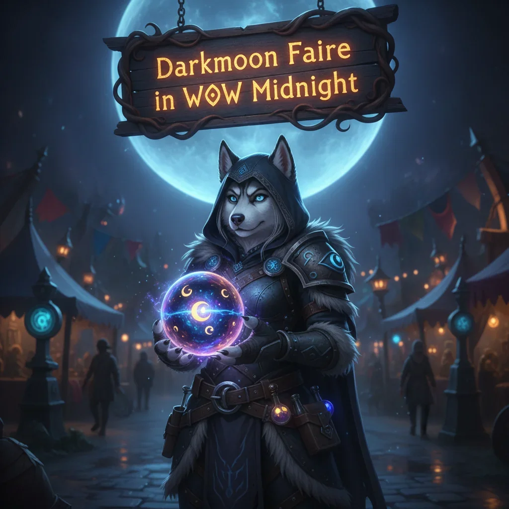 An anthropomorphic husky character in fantasy attire, representing the World of Warcraft Darkmoon Faire event content and its objectives. The artwork is themed around seasonal activities and rewards.