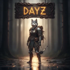 An anthropomorphic husky character in fantasy armor, standing in a post-apocalyptic, game-inspired environment, representing DayZ boosting services.