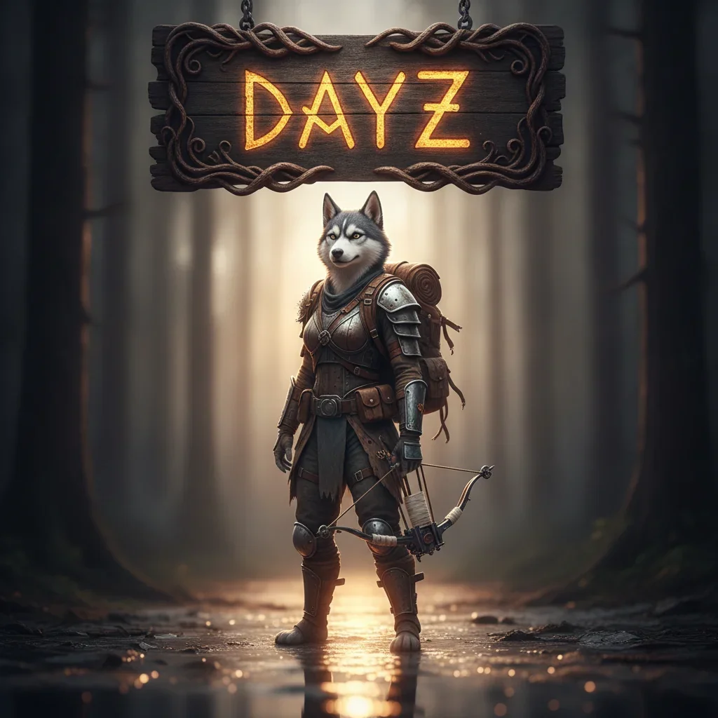 An anthropomorphic husky character in fantasy armor, standing in a post-apocalyptic, game-inspired environment, representing DayZ boosting services.