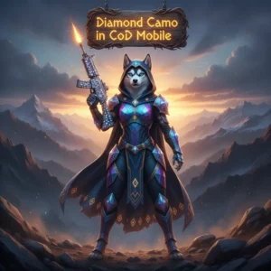 Anthropomorphic Husky in fantasy attire, in a game-inspired world, representing weapon cosmetic unlocks and Diamond Camo challenge completion.