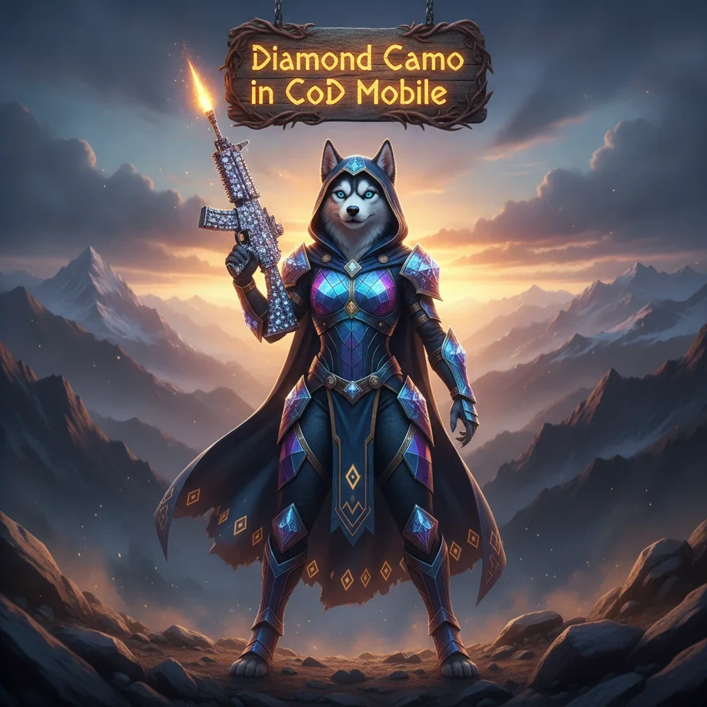 Anthropomorphic Husky in fantasy attire, in a game-inspired world, representing weapon cosmetic unlocks and Diamond Camo challenge completion.