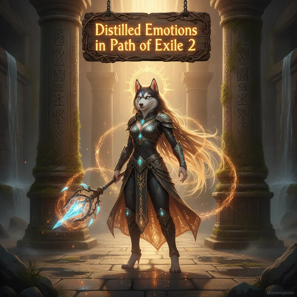 Fantasy artwork showing an anthropomorphic Husky character in ornate fantasy attire, themed around the Distilled Emotions Boost progression system in Path of Exile 2.