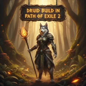 An anthropomorphic Husky character in fantasy druidic robes in a mystical forest, representing character build optimization and talent development in Path of Exile 2. This artwork is themed around class-specific progression.