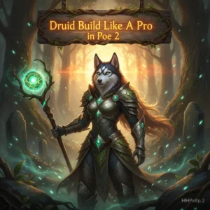 Fantasy artwork featuring an anthropomorphic husky character in a druid-themed outfit, representing character build optimization and talent development content for Path of Exile 2.
