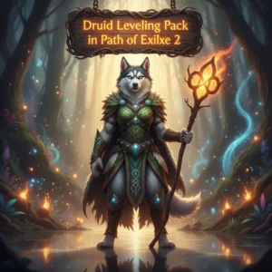 Fantasy artwork featuring an anthropomorphic Husky as a Druid, connected to Path of Exile 2 character progression and leveling objectives.