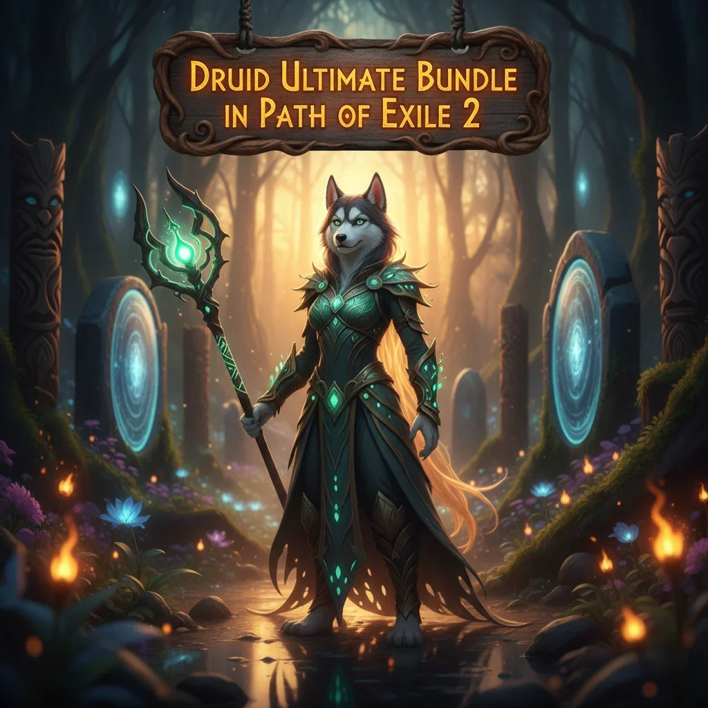 An anthropomorphic husky character in fantasy druidic robes stands in a mystical forest, representing Path of Exile 2's Druid Ultimate Bundle content.