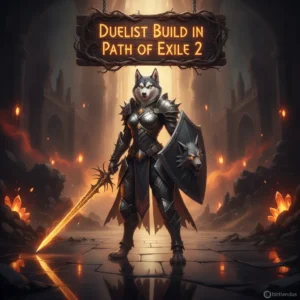 An anthropomorphic Husky character in fantasy Duelist armor, standing heroically in a dark fantasy environment, representing character build optimization in Path of Exile 2.