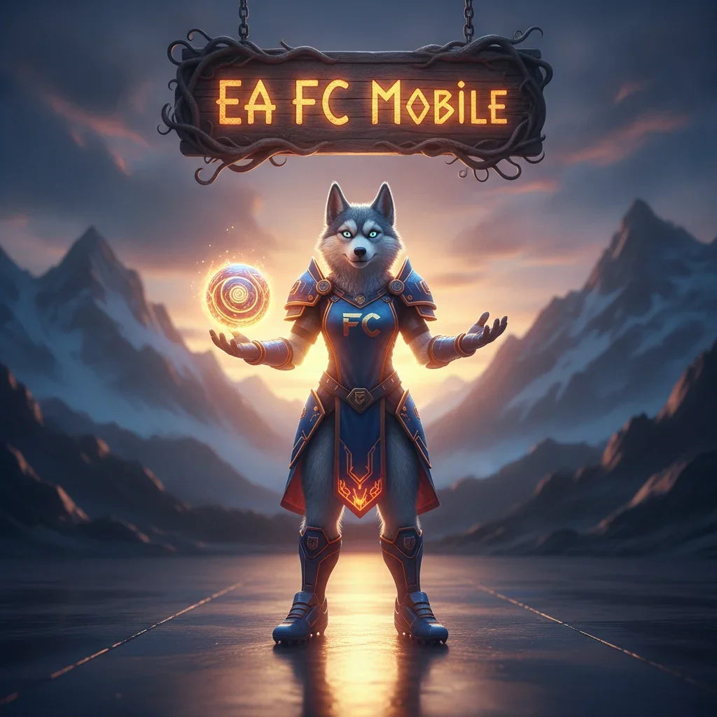 Anthropomorphic Husky in fantasy armor, themed around EA FC Mobile content and objectives in a game-inspired setting.