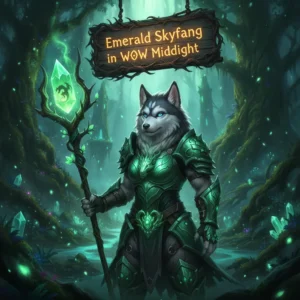 Fantasy artwork depicting an anthropomorphic Husky character in elaborate fantasy armor, set in an ethereal World of Warcraft Midnight environment, themed around the Emerald Skyfang objective.