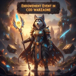 Fantasy artwork of an anthropomorphic husky character in a themed outfit, representing special endowment event content and associated objectives within a mystical game world.