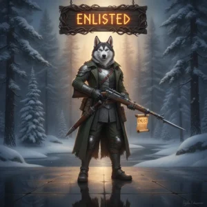 An anthropomorphic Husky character in fantasy armor, representing Enlisted-themed content and game objectives.