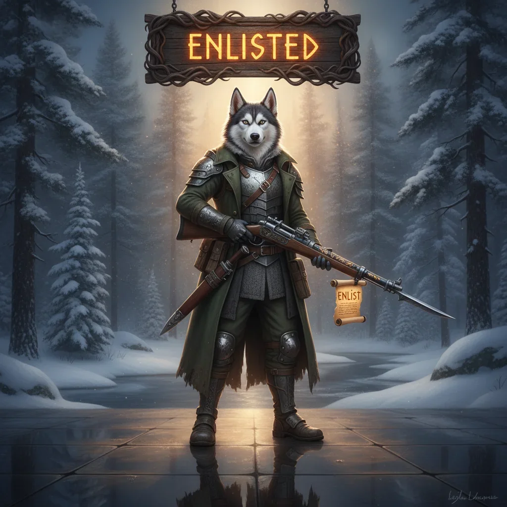 An anthropomorphic Husky character in fantasy armor, representing Enlisted-themed content and game objectives.