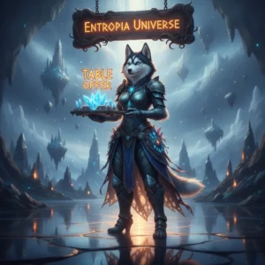 Fantasy artwork featuring an anthropomorphic Husky character, themed around Entropia Universe boosting services and content.