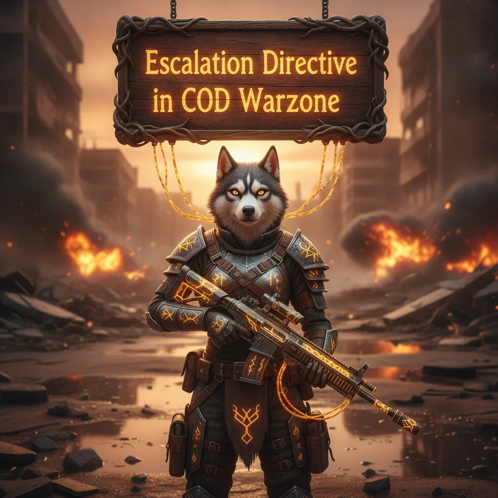 An anthropomorphic Husky character in fantasy armor stands within an ancient, game-inspired environment, representing Escalation Directive content.