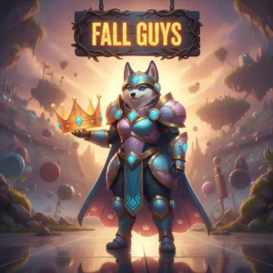 A fantasy game-inspired image featuring an anthropomorphic Husky character in a vibrant, obstacle-filled environment.