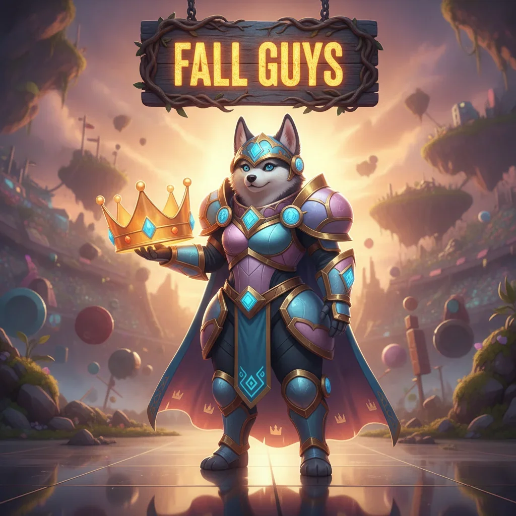 A fantasy game-inspired image featuring an anthropomorphic Husky character in a vibrant, obstacle-filled environment.