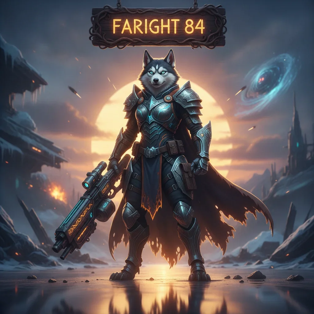A fantasy game-inspired artwork featuring an anthropomorphic husky character in an armored outfit, representing Farlight 84 boosting services.