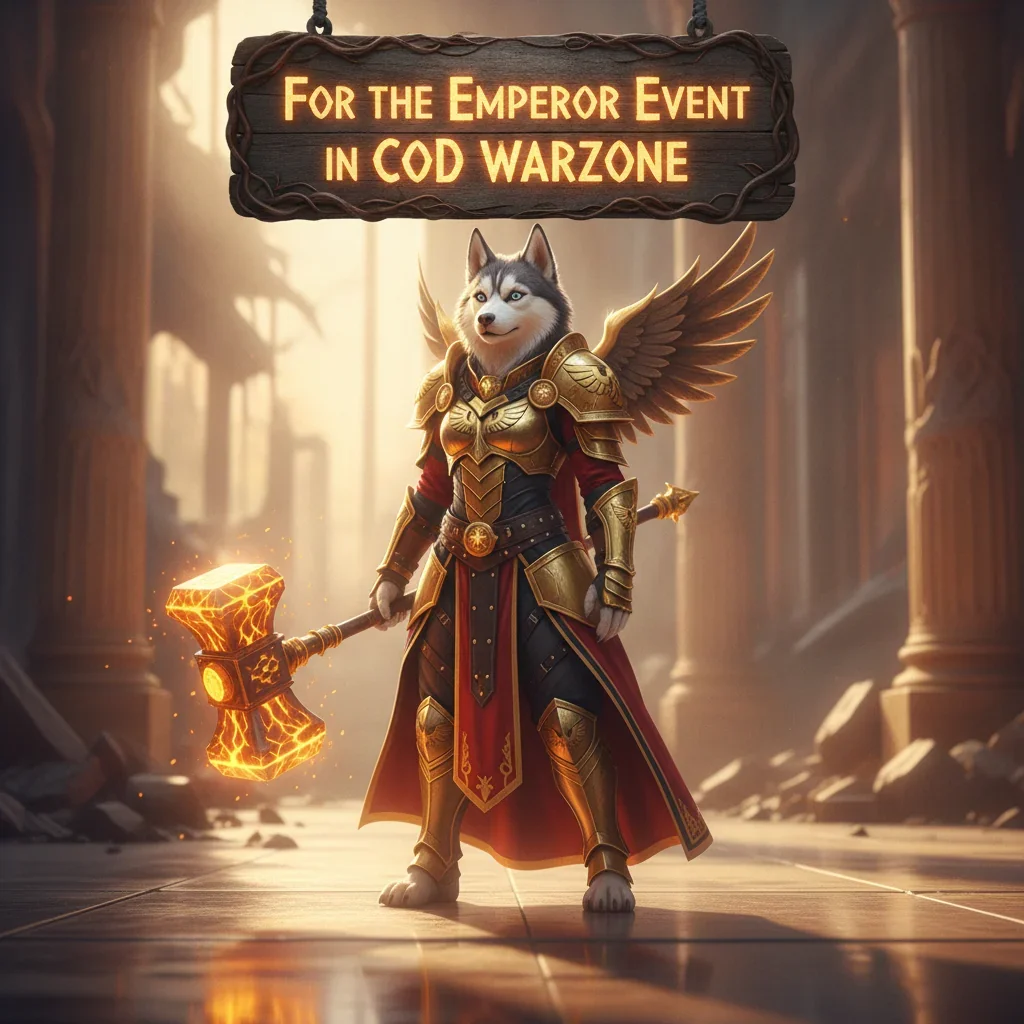 Anthropomorphic Husky character in regal fantasy armor, standing in an epic environment, artwork inspired by 'For the Emperor' event content and objectives.