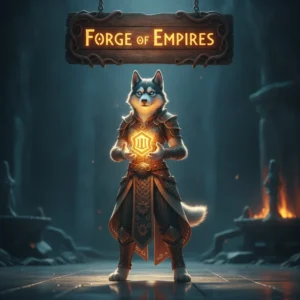 Fantasy game-inspired artwork featuring an anthropomorphic Husky character, themed around Forge of Empires boosting services.