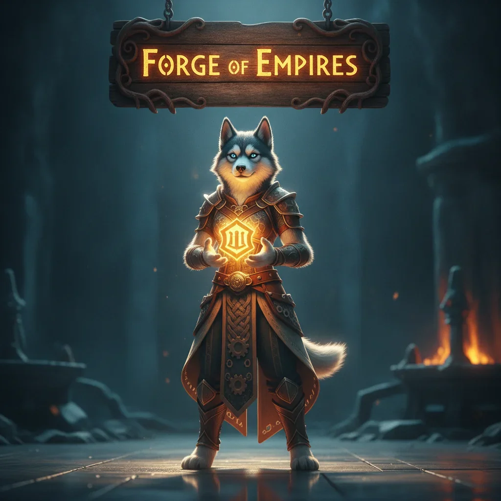 Fantasy game-inspired artwork featuring an anthropomorphic Husky character, themed around Forge of Empires boosting services.