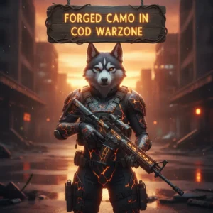 Fantasy artwork of an anthropomorphic husky in battle attire, representing weapon camouflage unlock content and challenges for a combat game.