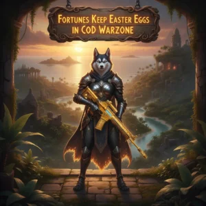 Fantasy artwork features an anthropomorphic husky adventurer wearing thematic armor, exploring a game-inspired environment related to finding hidden Easter eggs and challenges on the Fortunes Keep map.
