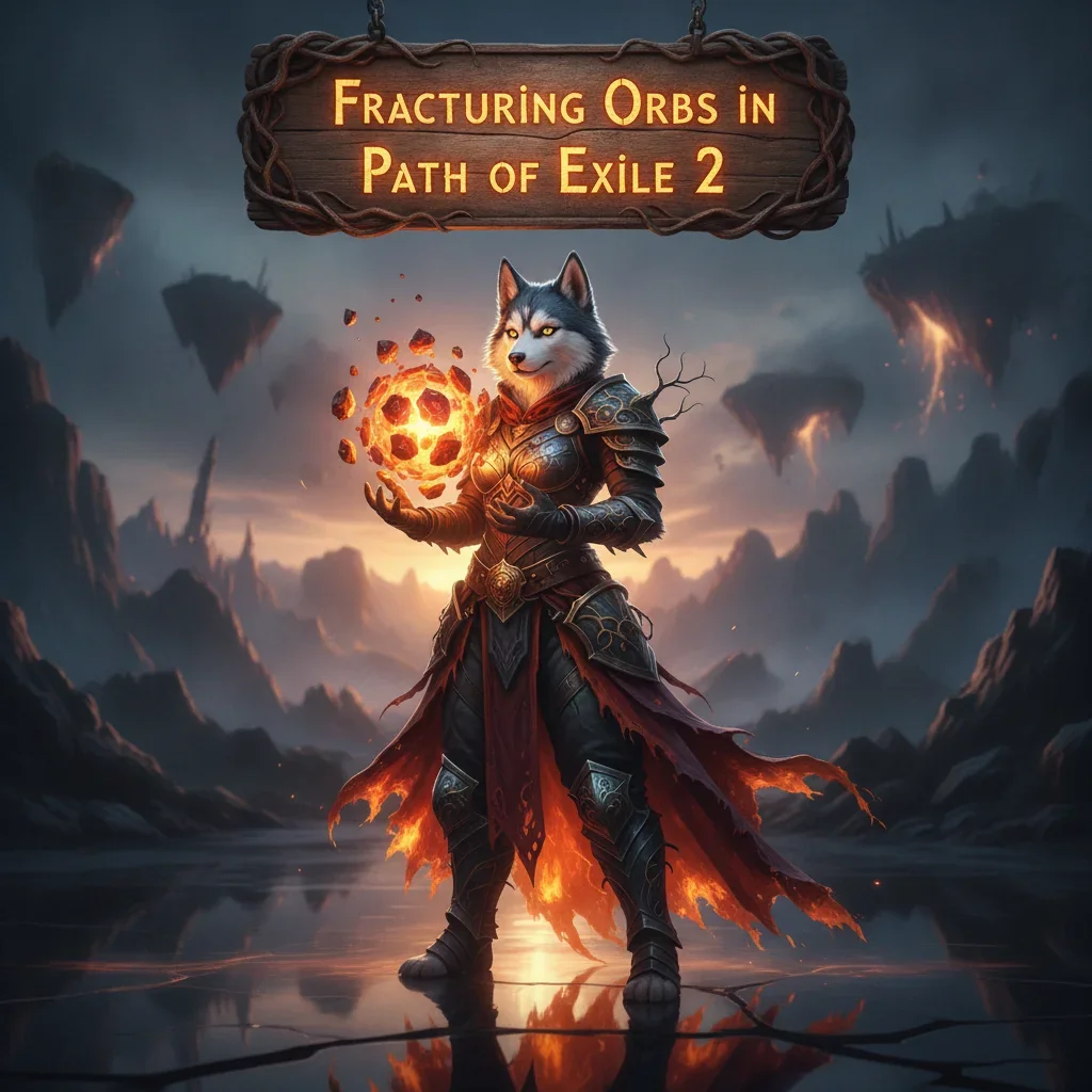 Anthropomorphic Husky character in fantasy armor, standing in a dark, game-inspired environment. Artwork inspired by Path of Exile 2 Fracturing Orbs content and advanced crafting.
