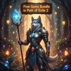 Fantasy artwork featuring an anthropomorphic Husky character in fantasy attire, representing a Free Gems Bundle acquisition theme related to Path of Exile 2 content.