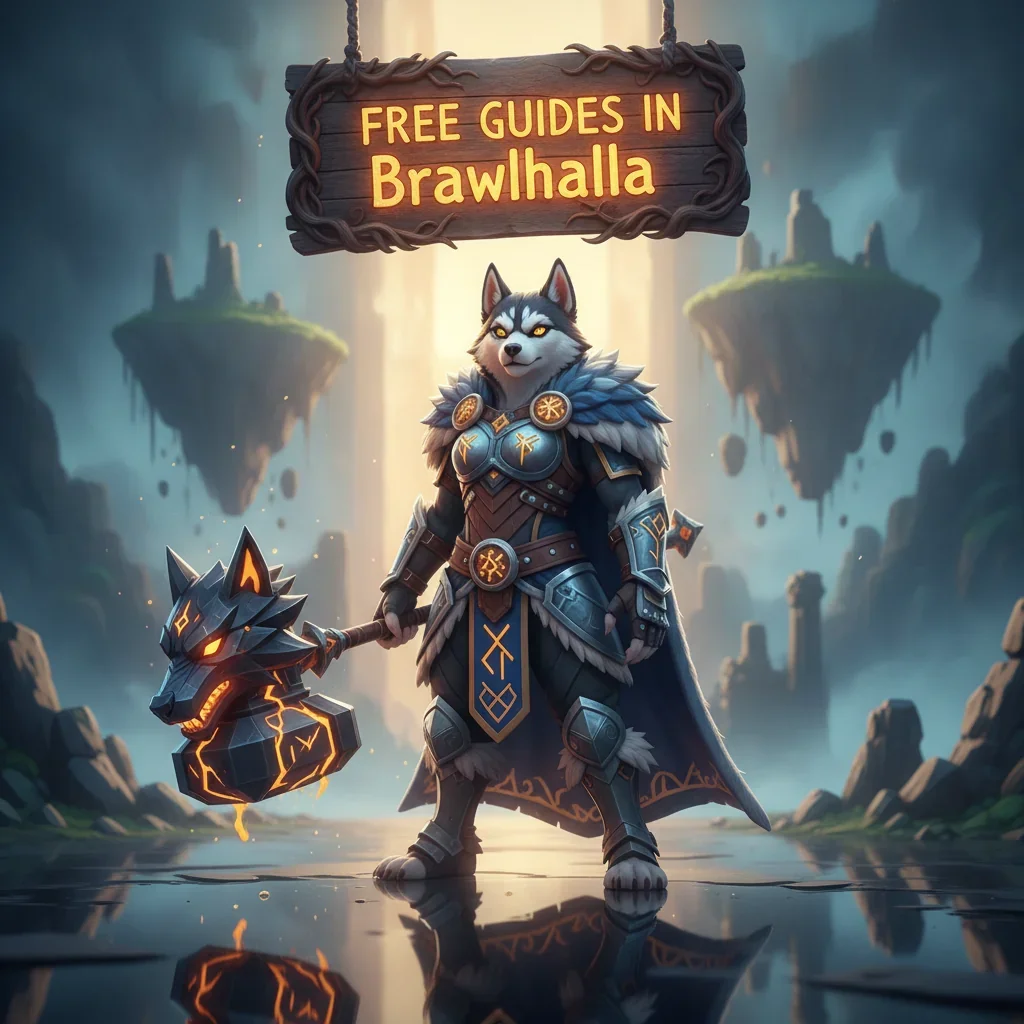 Fantasy artwork of an anthropomorphic Husky character, dressed in game-inspired attire, related to Brawlhalla guides.