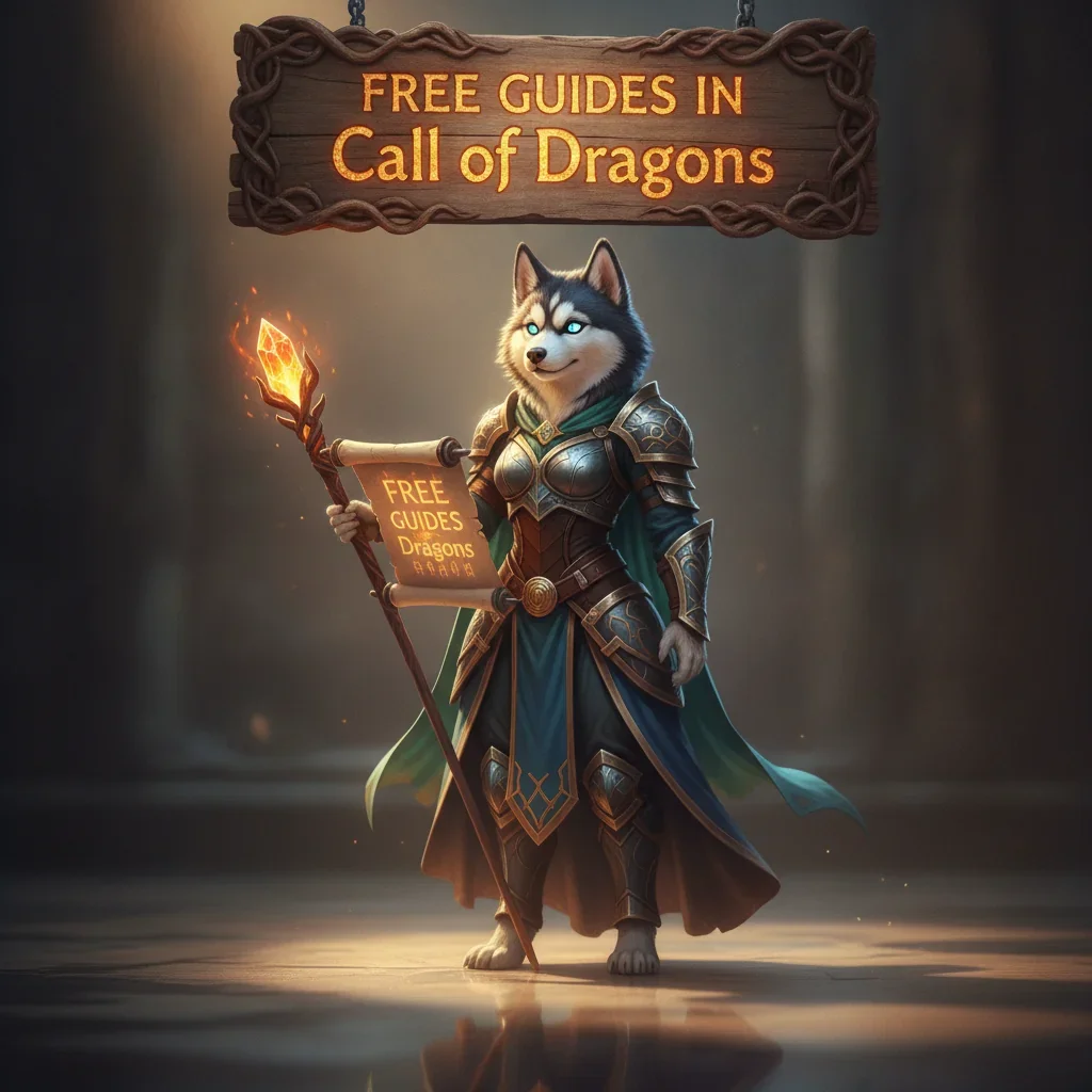 Fantasy artwork featuring an anthropomorphic Husky character, themed around free guides and informational content for Call of Dragons.