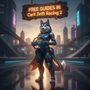 Fantasy game-inspired artwork featuring an anthropomorphic husky character related to CarX Drift Racing 2 guides.
