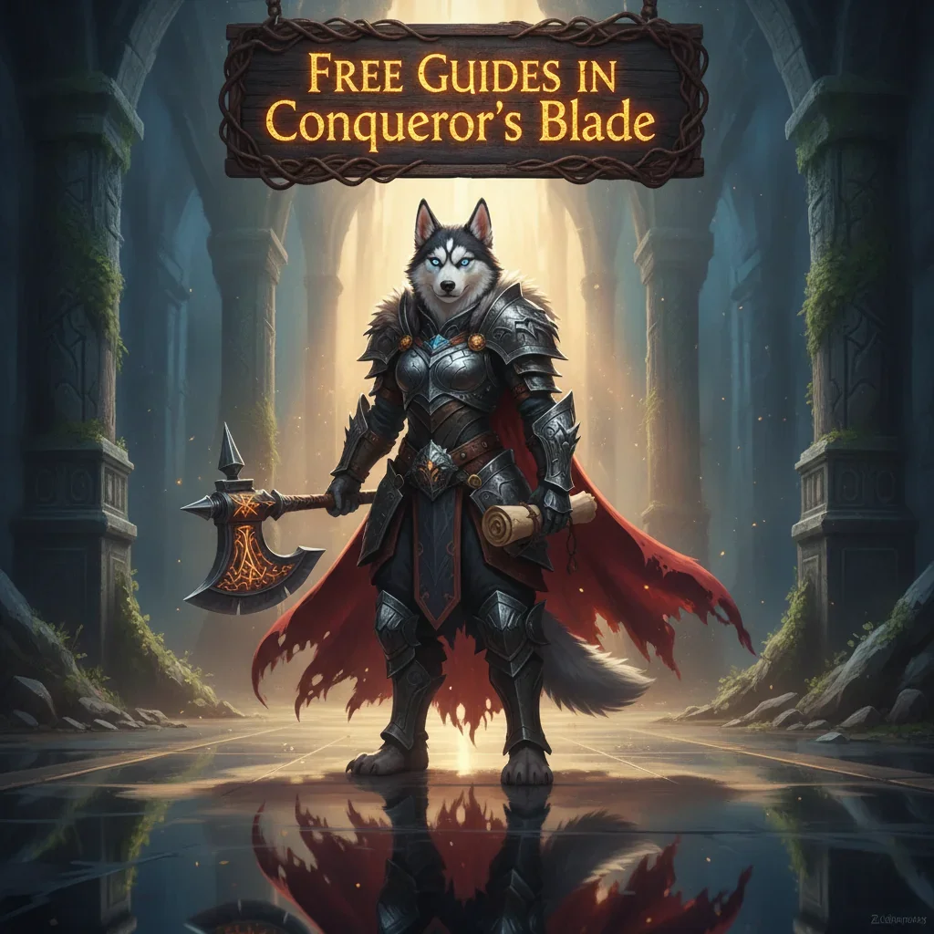 A majestic anthropomorphic Husky warlord character in intricate fantasy armor, standing amidst a medieval battleground.