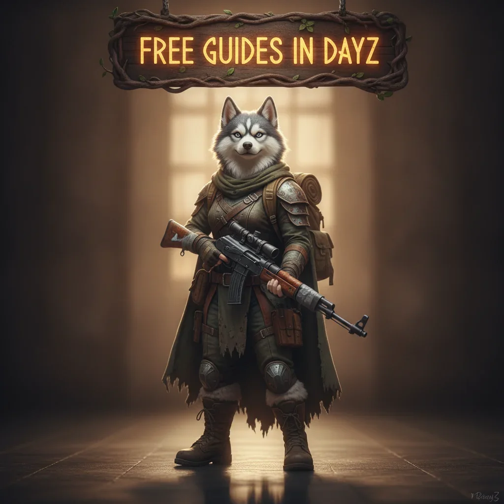 A fantasy game-inspired image featuring an anthropomorphic Husky in themed attire, representing DayZ game content.