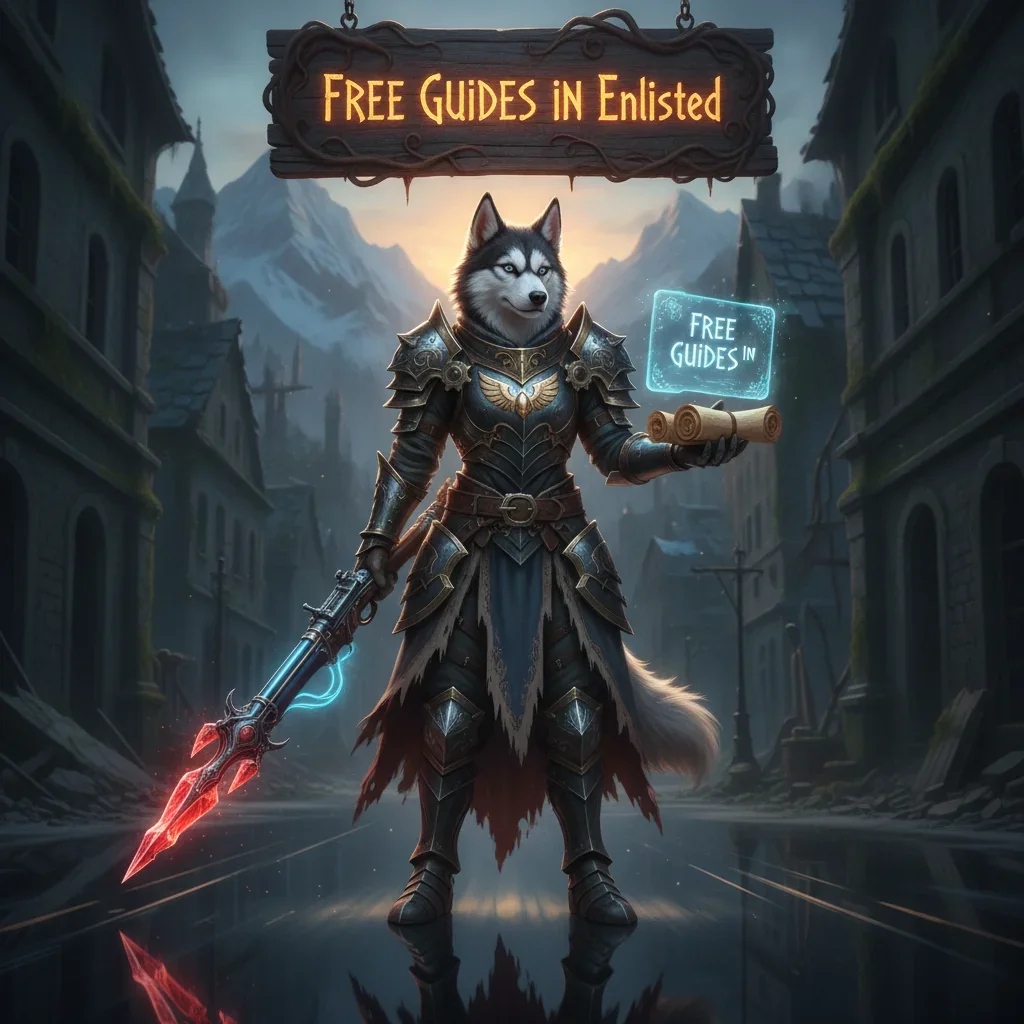 Anthropomorphic Husky character in fantasy armor amidst a game-inspired environment, representing Enlisted guides.