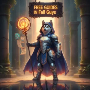 A whimsical fantasy scene with an anthropomorphic Husky character in a colorful Fall Guys-inspired environment.