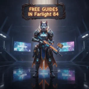 Anthropomorphic husky character in fantasy attire, representing game guides and content for Farlight 84, against a futuristic backdrop.