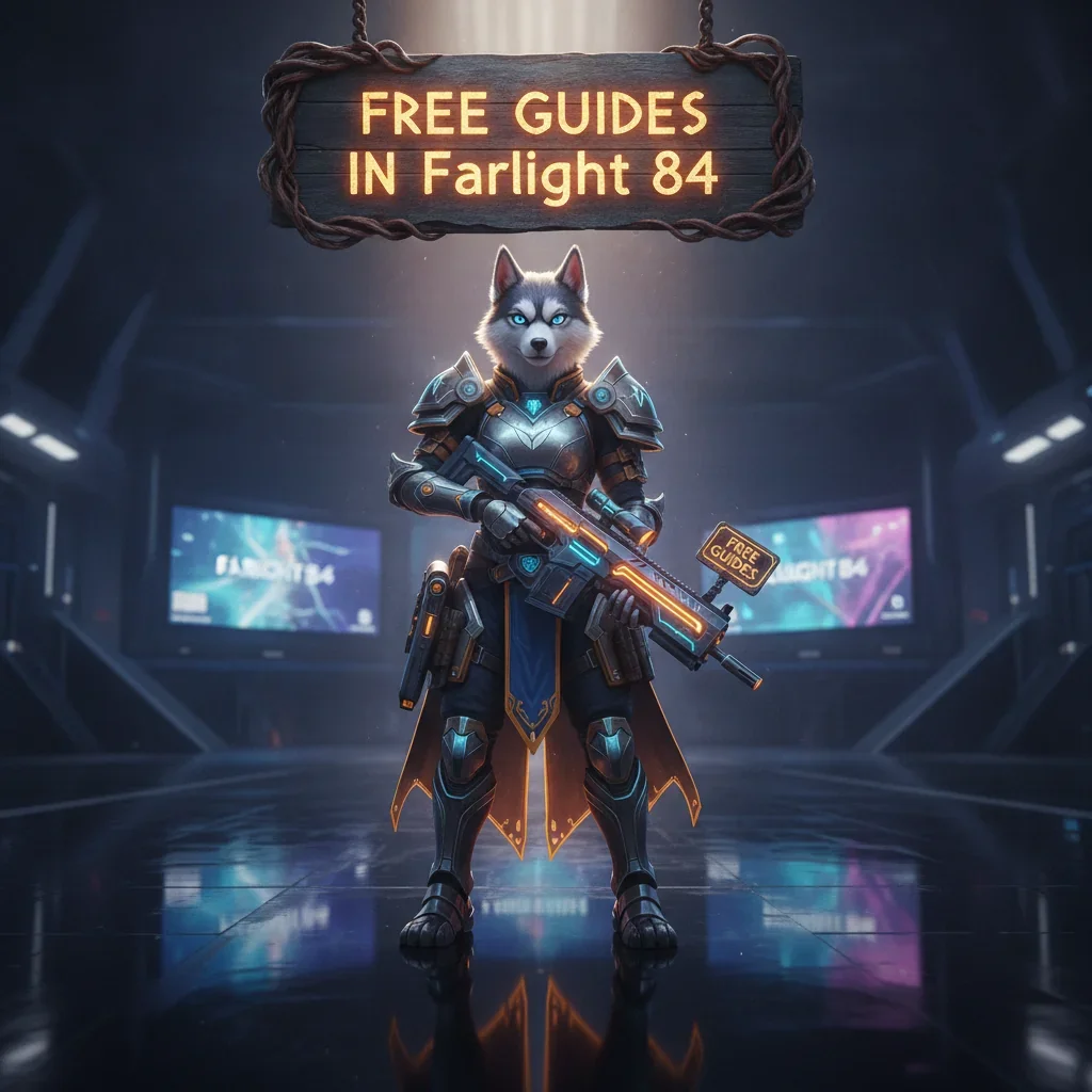 Anthropomorphic husky character in fantasy attire, representing game guides and content for Farlight 84, against a futuristic backdrop.