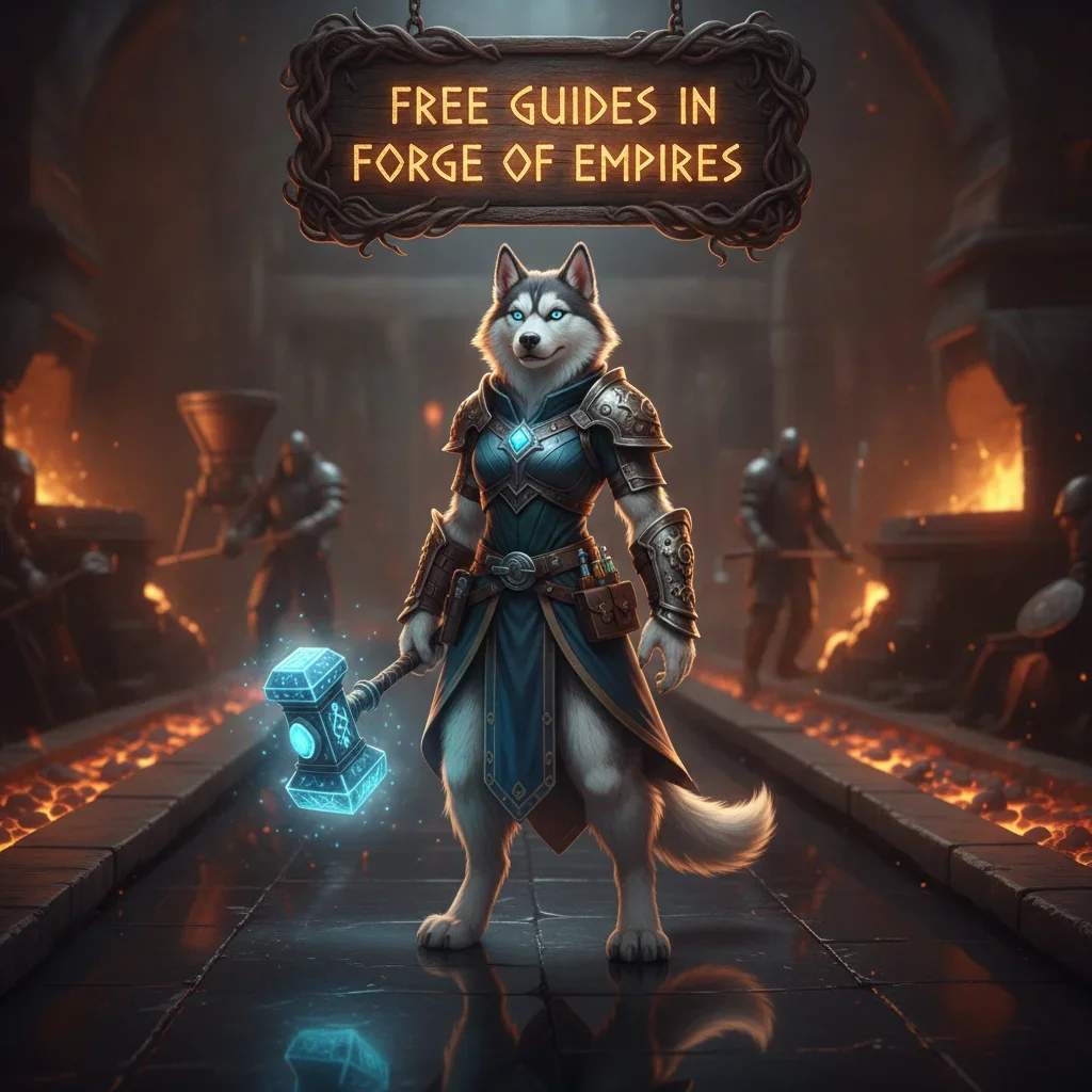 Anthropomorphic husky character in fantasy armor, standing in a medieval-inspired city, representing strategy guides.